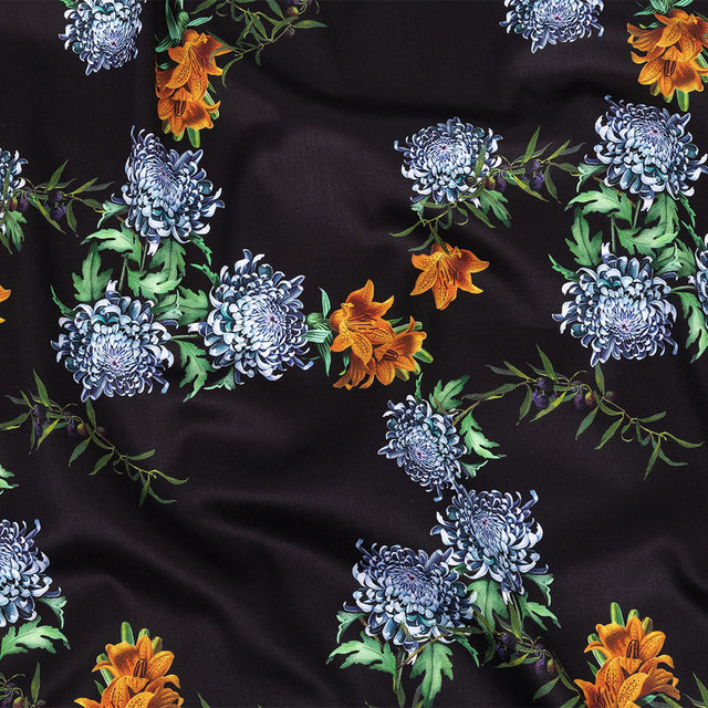 Mercerized Organic Egyptian Cotton Shirting - Tiger Lilies and Chrysanthemums - Ravello Collection
