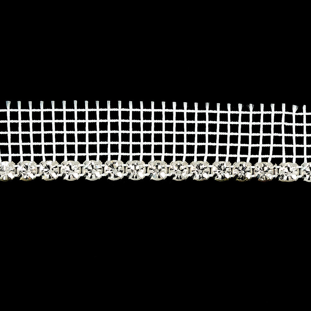 Vintage Crystal and Silver 1 Row Circular Rhinestones on White Mesh Trimming - 0.75"