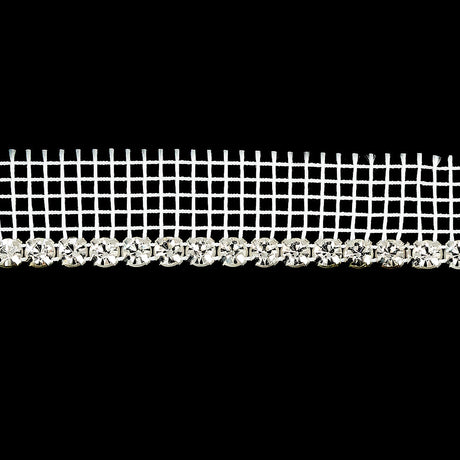 Vintage Crystal and Silver 1 Row Circular Rhinestones on White Mesh Trimming - 0.75"