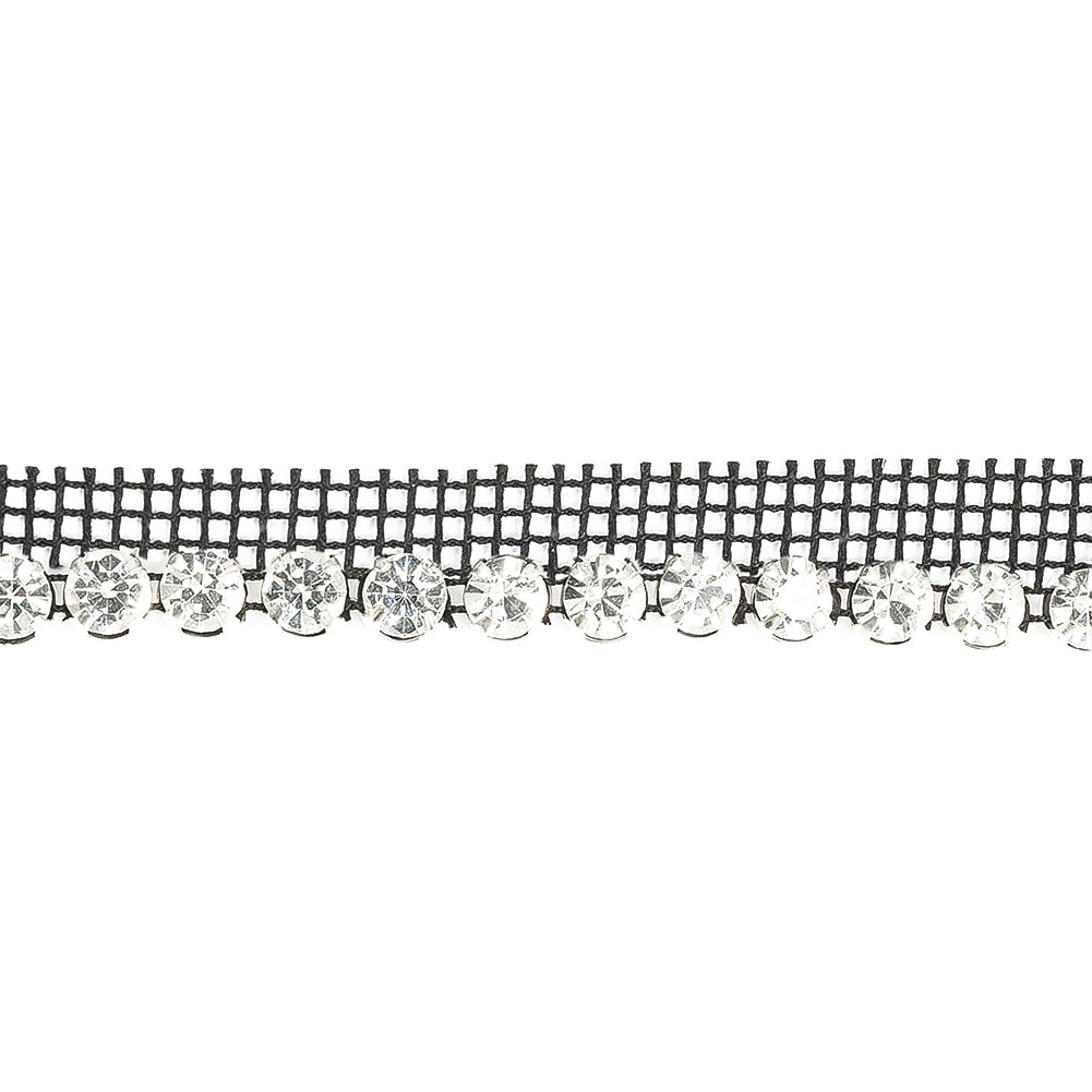 Vintage Crystal and Silver 1 Row Circular Rhinestones on Black Mesh Trimming - 0.75"