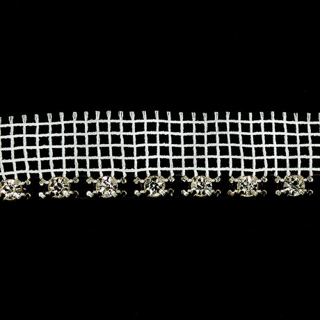 Vintage Crystal, Black and Silver 1 Row Circular Rhinestones on White Mesh Trimming - 0.75"