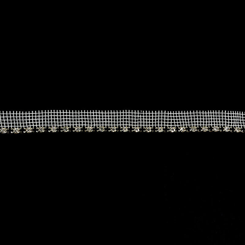 Vintage Crystal, Black and Silver 1 Row Circular Rhinestones on White Mesh Trimming - 0.75"