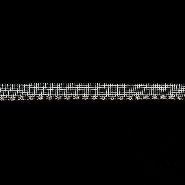 Vintage Crystal, Black and Silver 1 Row Circular Rhinestones on White Mesh Trimming - 0.75"