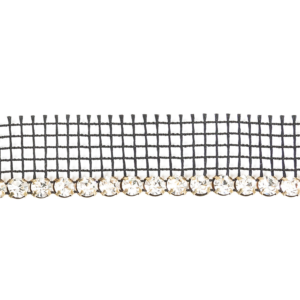 Vintage Crystal and Gold 1 Row Circular Rhinestones on Black Mesh Trimming - 0.75"