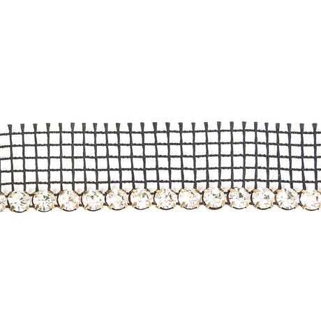 Vintage Crystal and Gold 1 Row Circular Rhinestones on Black Mesh Trimming - 0.75"