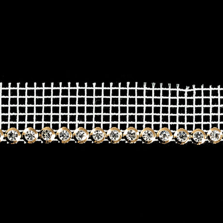 Vintage Crystal and Gold 1 Row Circular Rhinestones on White Mesh Trimming - 0.75"