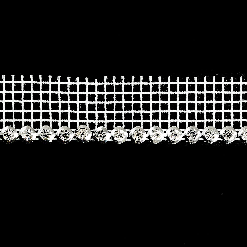 Vintage Crystal and Silver 1 Row Circular Rhinestones on White Mesh Trimming - 0.75"