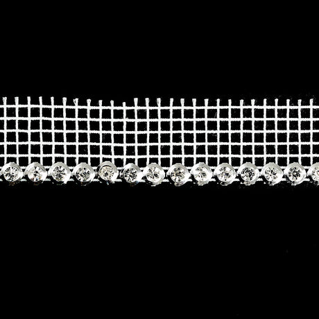 Vintage Crystal and Silver 1 Row Circular Rhinestones on White Mesh Trimming - 0.75"