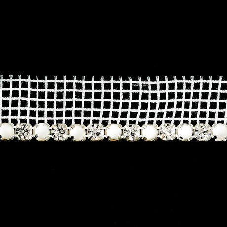 Vintage Crystal, Silver and Frosted Glass 1 Row Circular Rhinestones on White Mesh Trimming - 0.625"