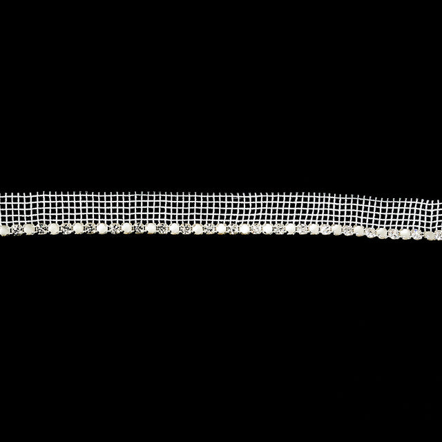 Vintage Crystal, Silver and Frosted Glass 1 Row Circular Rhinestones on White Mesh Trimming - 0.625"