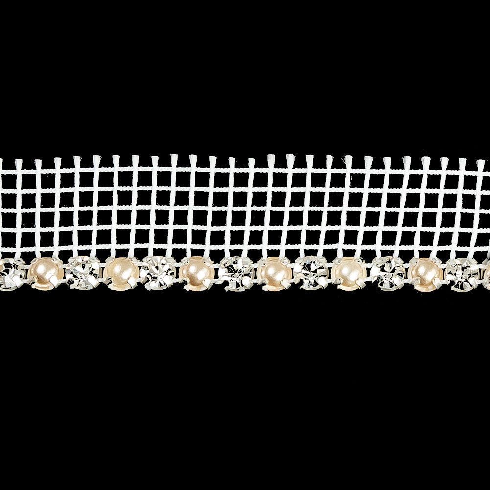 Vintage Crystal, Silver and Faux Pearl 1 Row Circular Rhinestones on White Mesh Trimming - 0.75"