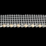 Vintage Crystal, Silver and Faux Pearl 1 Row Circular Rhinestones on White Mesh Trimming - 0.75"
