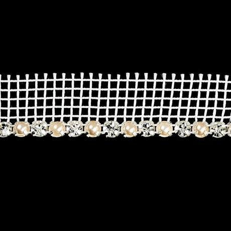 Vintage Crystal, Silver and Faux Pearl 1 Row Circular Rhinestones on White Mesh Trimming - 0.75"