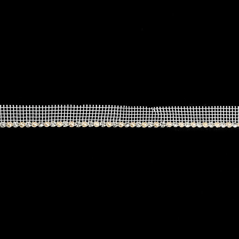 Vintage Crystal, Silver and Faux Pearl 1 Row Circular Rhinestones on White Mesh Trimming - 0.75"