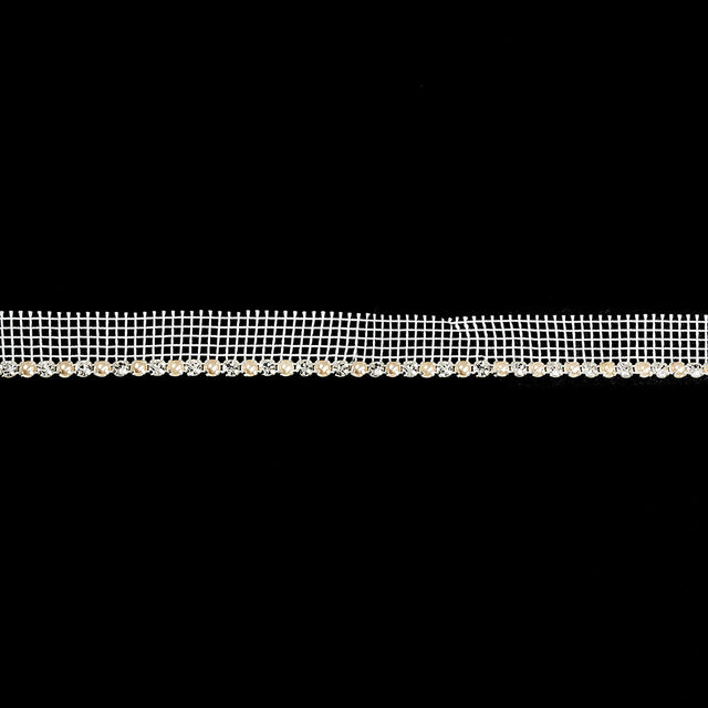 Vintage Crystal, Silver and Faux Pearl 1 Row Circular Rhinestones on White Mesh Trimming - 0.75"
