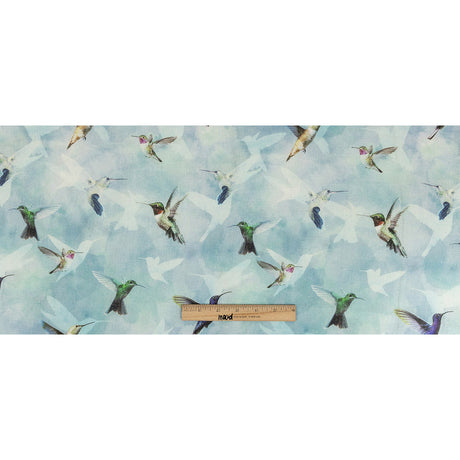 Humming Birds Printed Blue Linen Woven