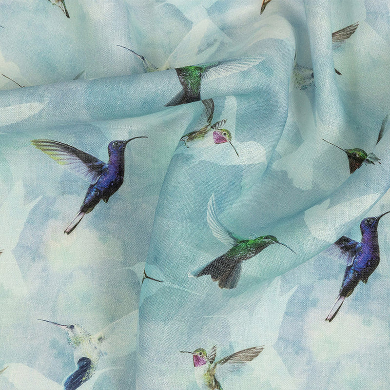 Humming Birds Printed Blue Linen Woven