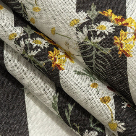 Floating Daisies over Black and White Regimental Stripes Printed Linen Woven