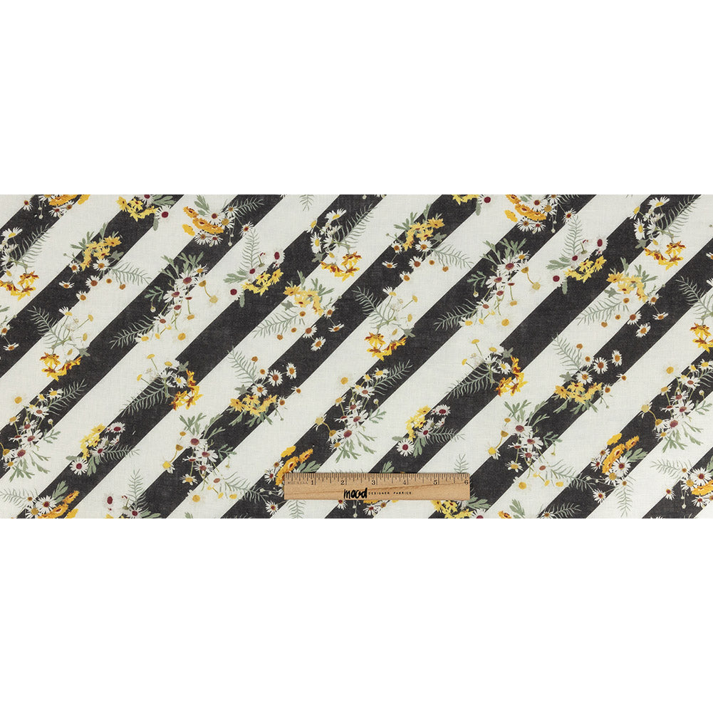 Floating Daisies over Black and White Regimental Stripes Printed Linen Woven