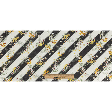 Floating Daisies over Black and White Regimental Stripes Printed Linen Woven