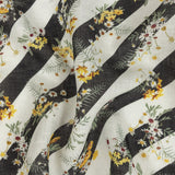 Floating Daisies over Black and White Regimental Stripes Printed Linen Woven