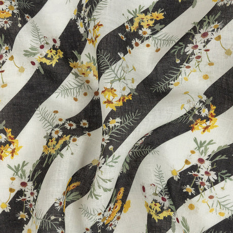 Floating Daisies over Black and White Regimental Stripes Printed Linen Woven