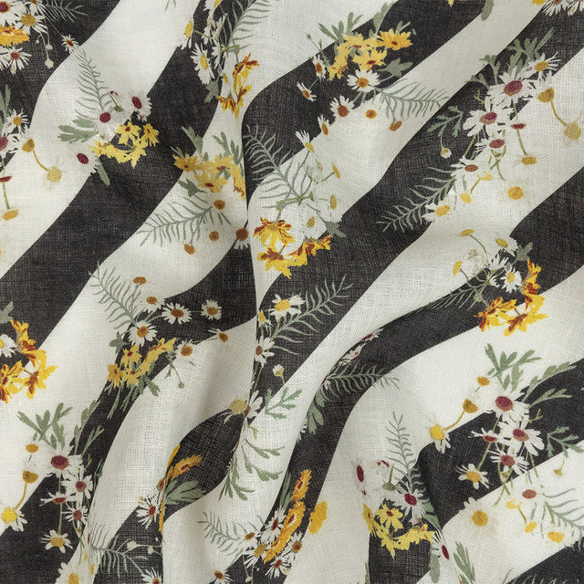 Floating Daisies over Black and White Regimental Stripes Printed Linen Woven