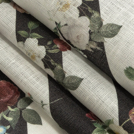 French Garden Flowers over Black and White Regimental Stripes Printed Linen Woven