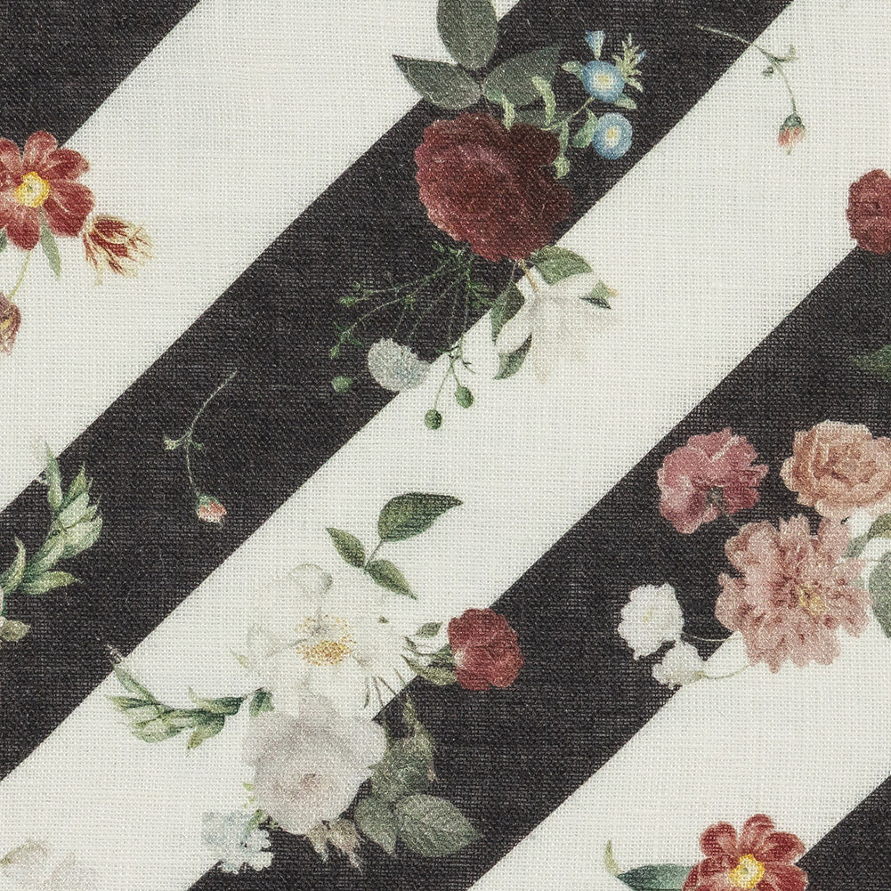 French Garden Flowers over Black and White Regimental Stripes Printed Linen Woven