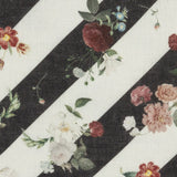 French Garden Flowers over Black and White Regimental Stripes Printed Linen Woven