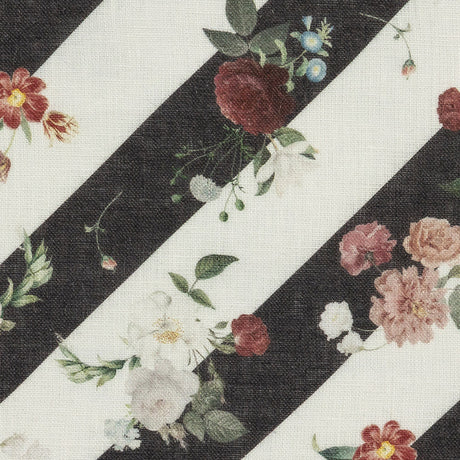 French Garden Flowers over Black and White Regimental Stripes Printed Linen Woven