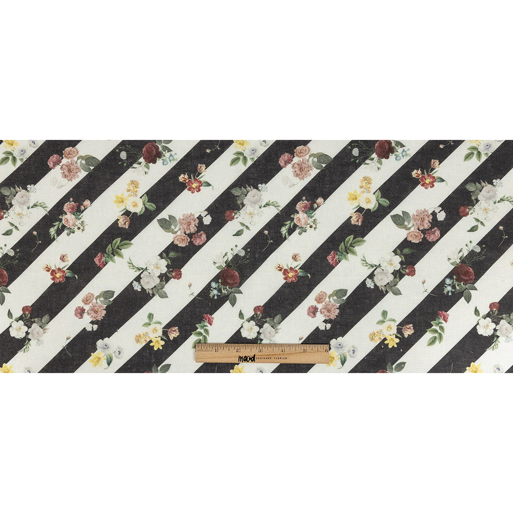 French Garden Flowers over Black and White Regimental Stripes Printed Linen Woven