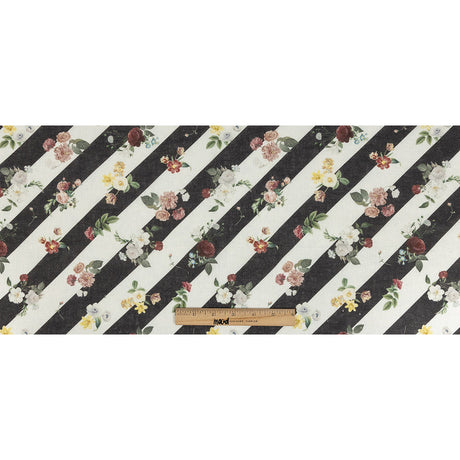French Garden Flowers over Black and White Regimental Stripes Printed Linen Woven