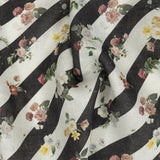French Garden Flowers over Black and White Regimental Stripes Printed Linen Woven