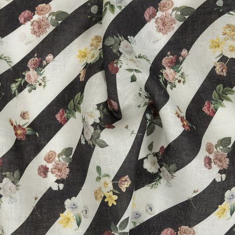 French Garden Flowers over Black and White Regimental Stripes Printed Linen Woven