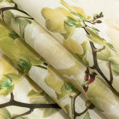 Tilted Grape Green Orchid and Tofu Printed Linen Woven