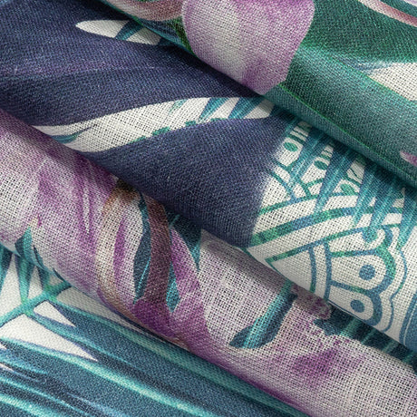 Blue Palms and Lavender Lilies Printed Linen Woven