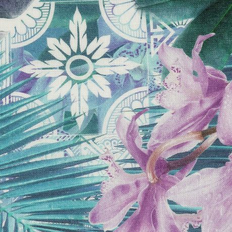 Blue Palms and Lavender Lilies Printed Linen Woven