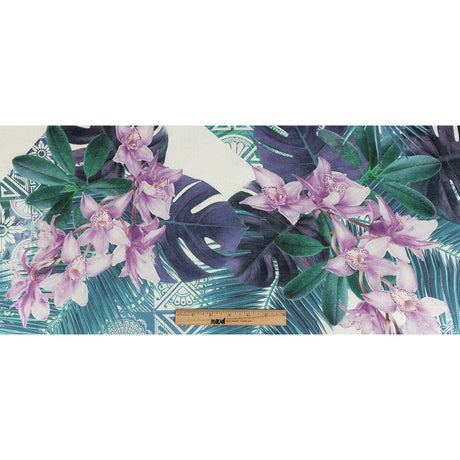 Blue Palms and Lavender Lilies Printed Linen Woven