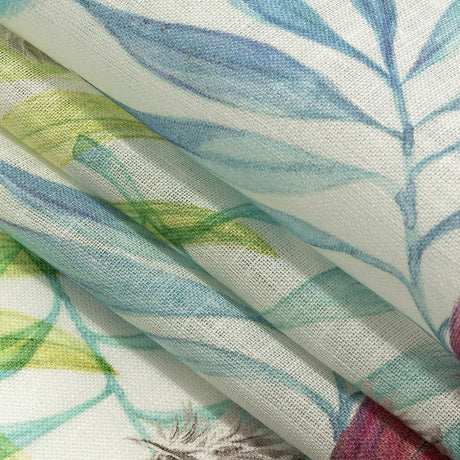 Multicolor Peacock Feathers and Aqua Ferns Printed Linen Woven