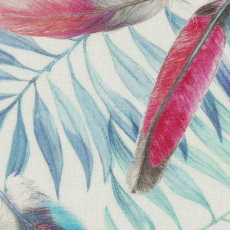 Multicolor Peacock Feathers and Aqua Ferns Printed Linen Woven