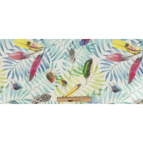 Multicolor Peacock Feathers and Aqua Ferns Printed Linen Woven
