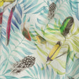 Multicolor Peacock Feathers and Aqua Ferns Printed Linen Woven