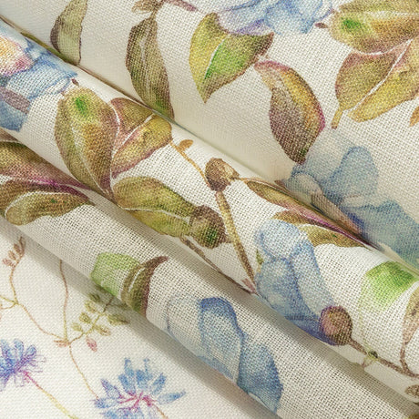Sky Blue and Olive Watercolor Floral Printed Linen Woven