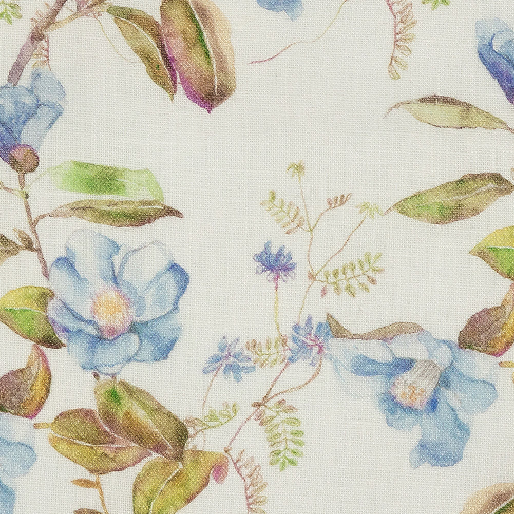 Sky Blue and Olive Watercolor Floral Printed Linen Woven