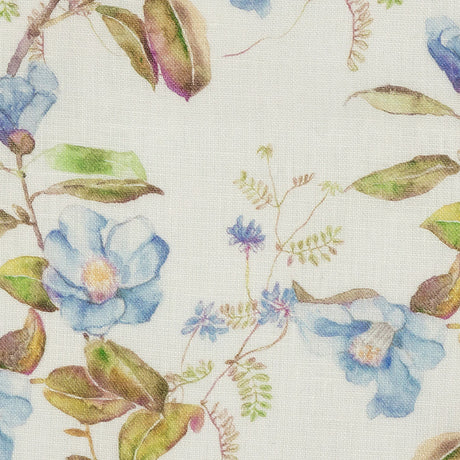 Sky Blue and Olive Watercolor Floral Printed Linen Woven