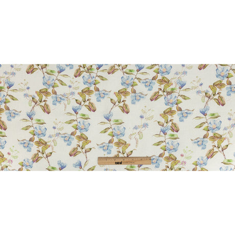 Sky Blue and Olive Watercolor Floral Printed Linen Woven