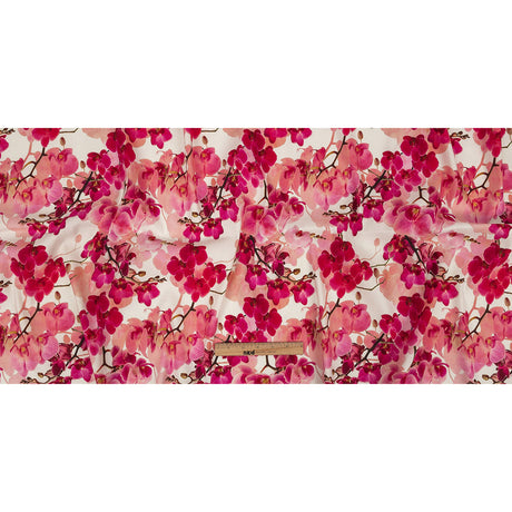 Tilted Pink Orchids and Lily White Printed Stretch Linen and Rayon Woven