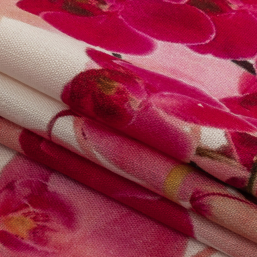 Tilted Pink Orchids and Lily White Printed Stretch Linen and Rayon Woven