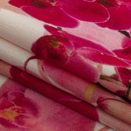 Tilted Pink Orchids and Lily White Printed Stretch Linen and Rayon Woven